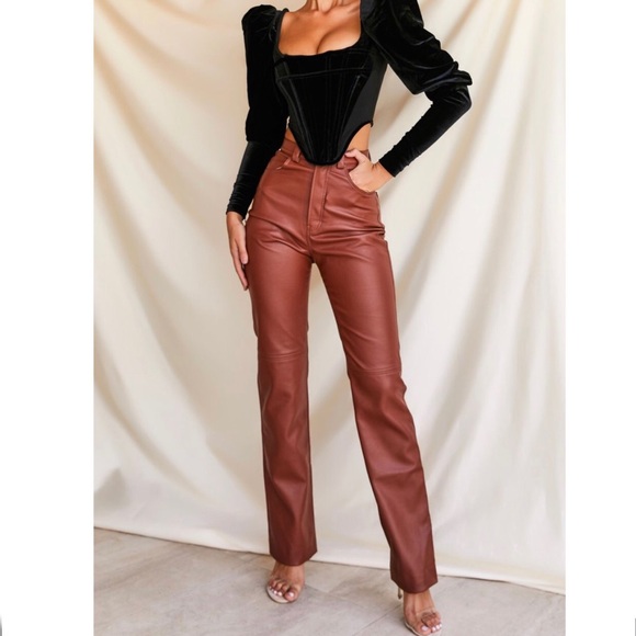 NWT House of CB Inaya Stretch Vegan Leather Trousers in Brown Size Large - Picture 2 of 16